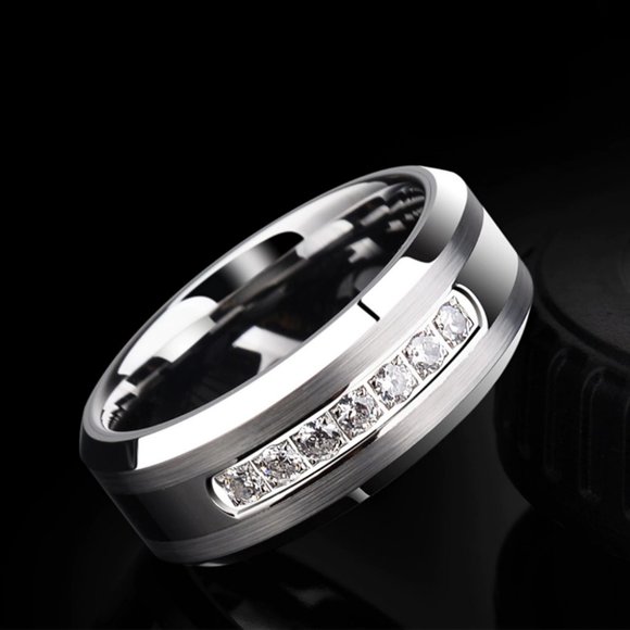 Tungsten Carbide Wedding Band With Clear Zircon - Picture 4 of 11